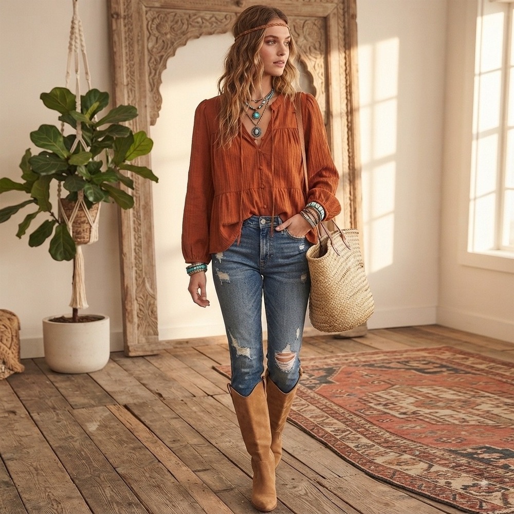 AnnieWear Los Angeles Burnt Orange Boho Peasant Blouse Tiered Babydoll Top‎